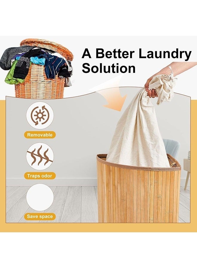 Arabest سلة غسيل من الخيزران مع غطاء، سلة غسيل زاوية مع 2 بطانة قابلة للإزالة ومقبض، سلة تخزين الملابس لغرفة الغسيل، غرفة النوم، الحمام (36 سم × 60 سم) - Image 5