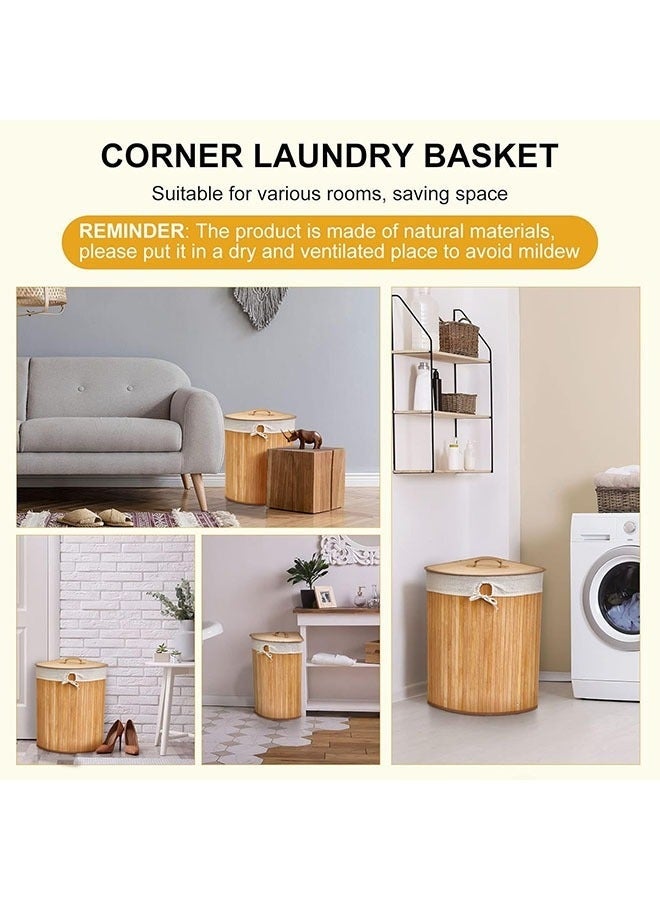 Arabest سلة غسيل من الخيزران مع غطاء، سلة غسيل زاوية مع 2 بطانة قابلة للإزالة ومقبض، سلة تخزين الملابس لغرفة الغسيل، غرفة النوم، الحمام (36 سم × 60 سم) - Image 3