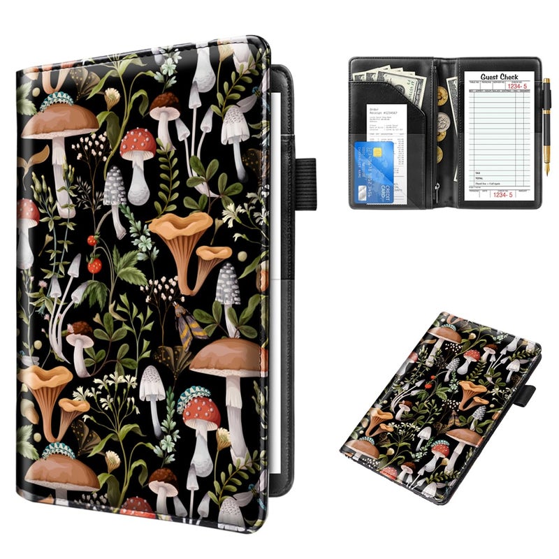 WAVEYU Server Book for Waitress Book with Zipper Pocket, Cute Server Books for Waiter Leather, Money Organizer Wallet, Cash Check Bill Receipt Holder Presenter, 8x5 inch, Mushroom Pattern - Image 1