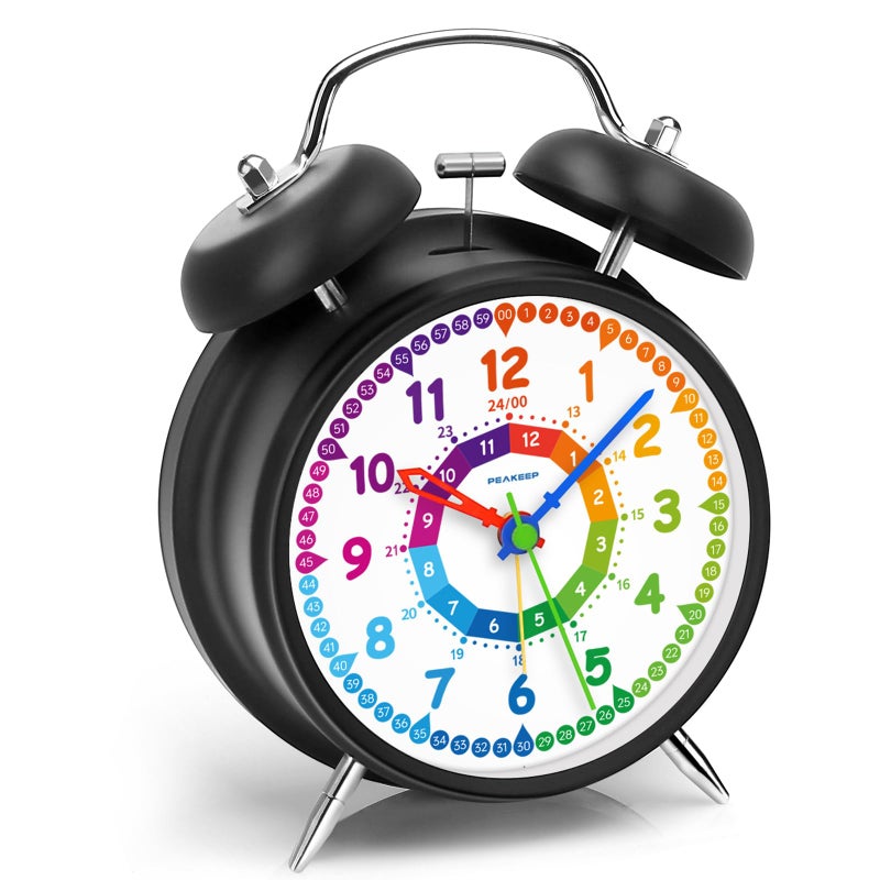 Peakeep Loud Alarm Clock for Kids Learning Telling Time Teaching Clock 45 RainbowColored Twin Bell Analog Alarm Clock Battery Operated for Heavy Sleepers Adults Teenagers Kids