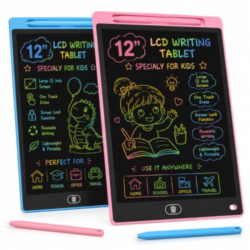 تابلت كتابة LCD مقاس 12 بوصة، قطعتان، وسادة كتابة باللونين الوردي والأزرق مع قلم، لوحة رسم خربش، لوحة كتابة قابلة للمسح وإعادة الاستخدام - Image 1
