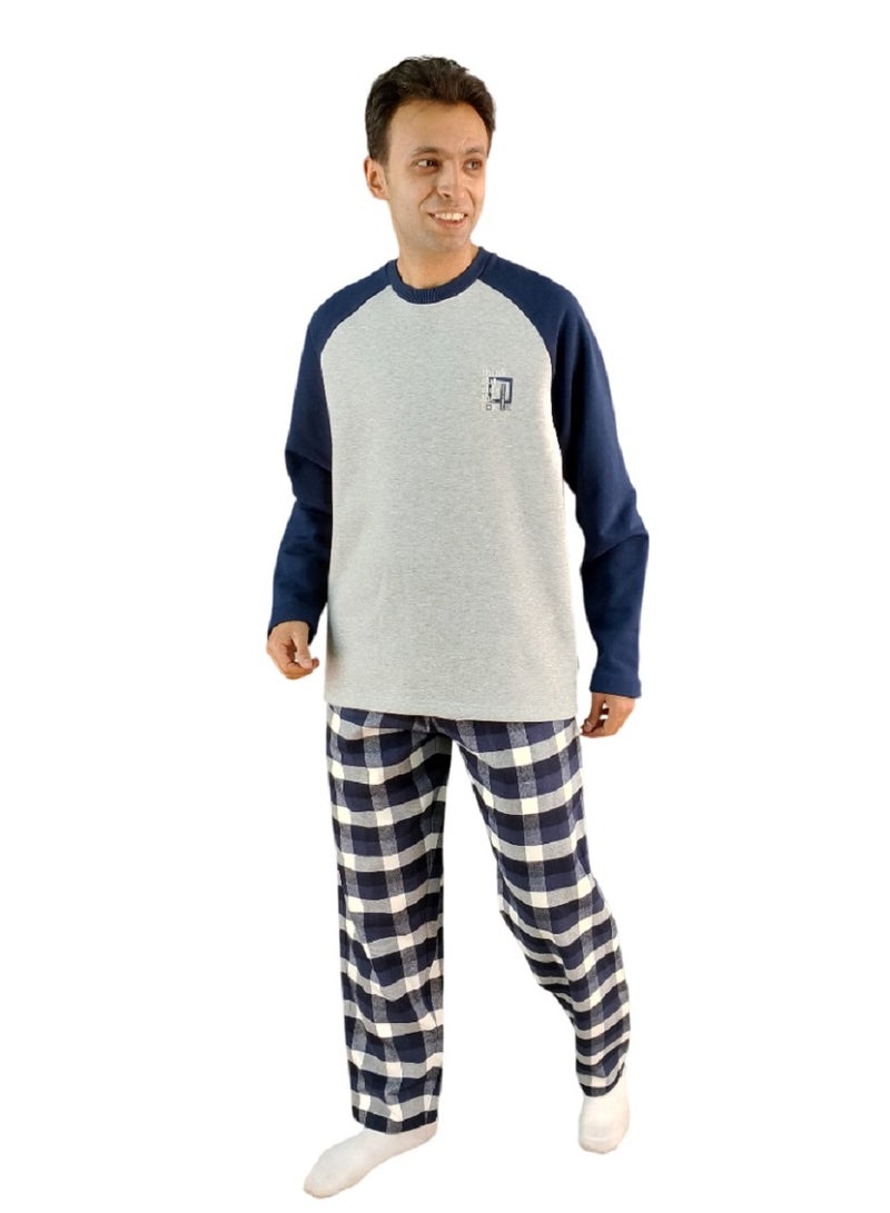 بيجاما شتوي رجالي جاكيت ساده بأكمام طويلة ورقبة روند وبنطلون كاروه طويل - رمادي