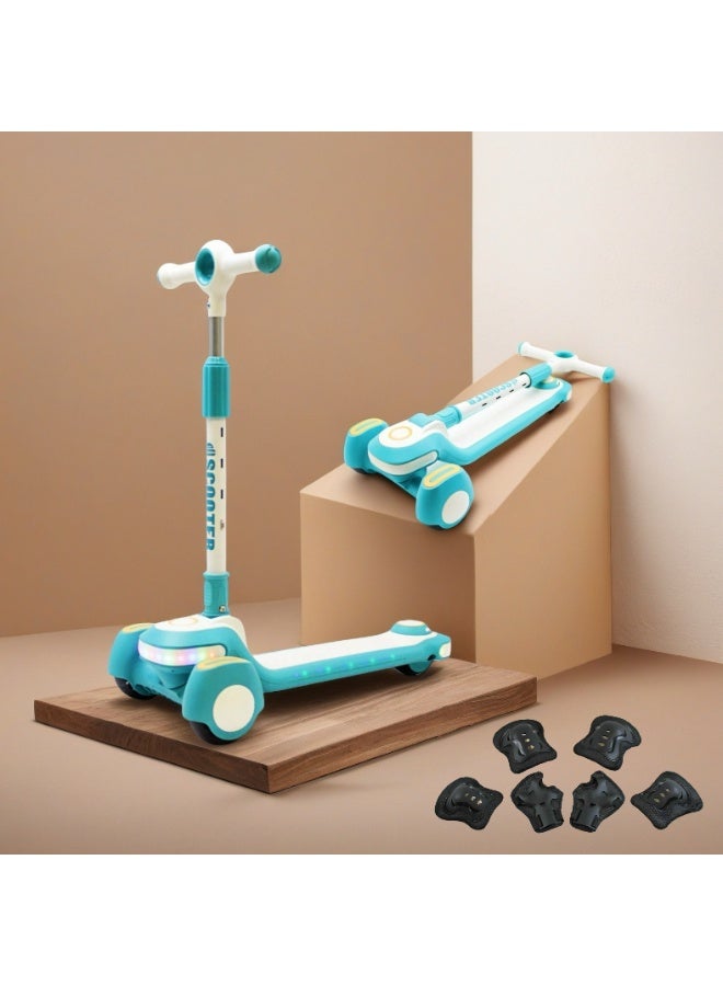 EASY FUTURE Kick Scooter with LED PU Wheels & Rear Brake & Music for Kids, Scooters for Kids with Foldable & Height Adjustable Handle for 3 to 8 Years Including Protective Gear Set - Image 1