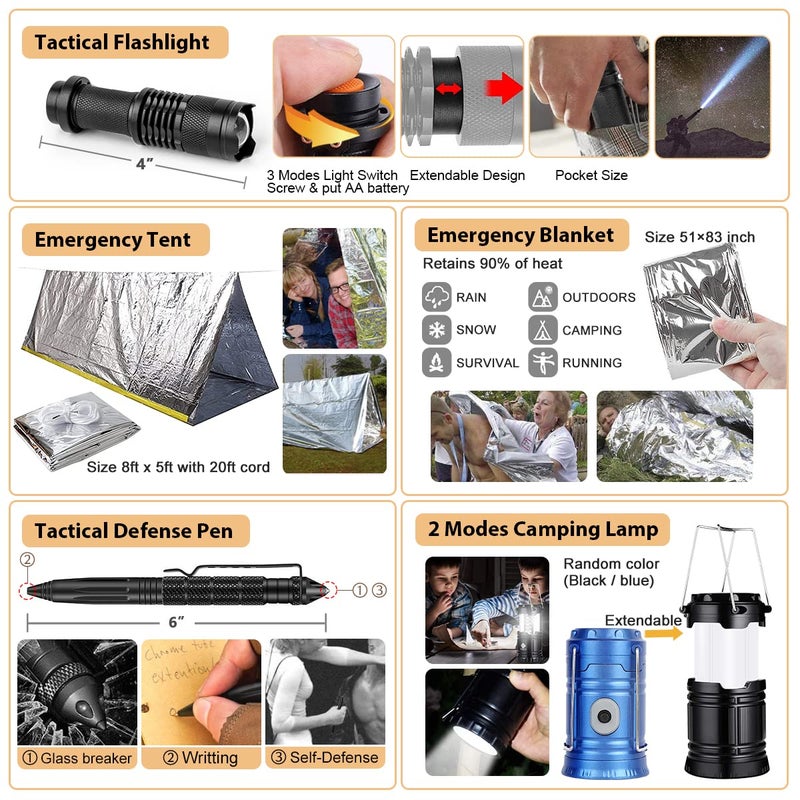 HIHEGD Survival Kit, 250Pcs Survival Gear First Aid Kit with Molle System Compatible Bag and Emergency Tent, Emergency Kit for Earthquake, Outdoor Adventure, Hiking, Hunting, Gifts for Men Women - Image 4