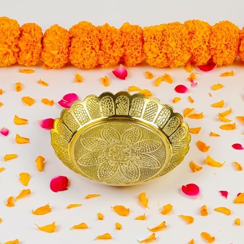 Klassic 5 Inch Engraved Pure Brass Pooja Thali | Handcrafted Small Puja Plate with Floral Design | Ideal for Prasad, Bhog, Aarti & Daily Mandir Use - Image 1