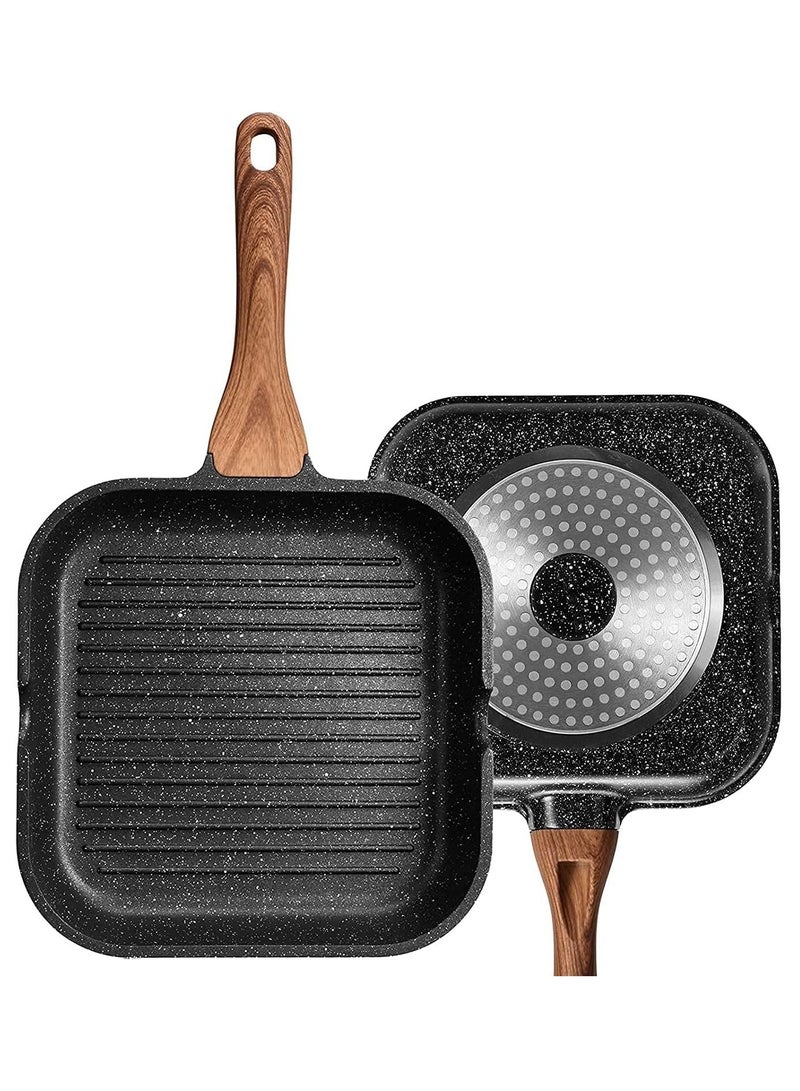 Arabest Grill Pan,24cm Nonstick Square Induction Grill Pans for Stove Tops,Griddle Frying Pan with Ati-rust Coating,PFOA Free,Skillet for Grilling,Frying,Sauteing Pre-seasoned (Black)  - Image 1