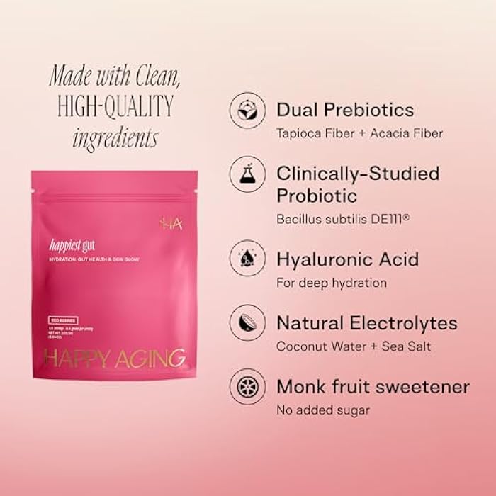 Happy Aging Happiest Gut Hydration Powder – Electrolytes + Probiotics + Dual Prebiotics + Hyaluronic Acid – Gut Balance, Skin Hydration & Daily Wellness – 12 Sticks (Red Berries) - Image 4