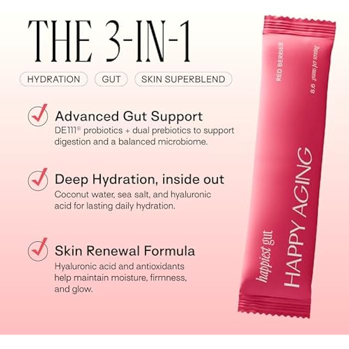Happy Aging Happiest Gut Hydration Powder – Electrolytes + Probiotics + Dual Prebiotics + Hyaluronic Acid – Gut Balance, Skin Hydration & Daily Wellness – 12 Sticks (Red Berries) - Image 2