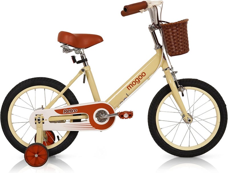Mogoo Retro Kids Road Bike For 5-8 Years Old Girls & Boys, Adjustable Seat, Handbrake, Reflectors, Chainguard, Classic Style, Vintage Basket, 16 Inch Bicycle with Training Wheels, Beige - Image 1