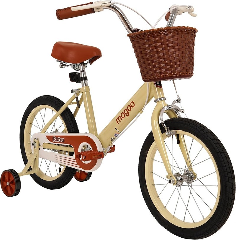 Mogoo Retro Kids Road Bike For 5-8 Years Old Girls & Boys, Adjustable Seat, Handbrake, Reflectors, Chainguard, Classic Style, Vintage Basket, 16 Inch Bicycle with Training Wheels, Beige - Image 2