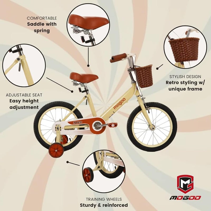 Mogoo Retro Kids Road Bike For 5-8 Years Old Girls & Boys, Adjustable Seat, Handbrake, Reflectors, Chainguard, Classic Style, Vintage Basket, 16 Inch Bicycle with Training Wheels, Beige - Image 4