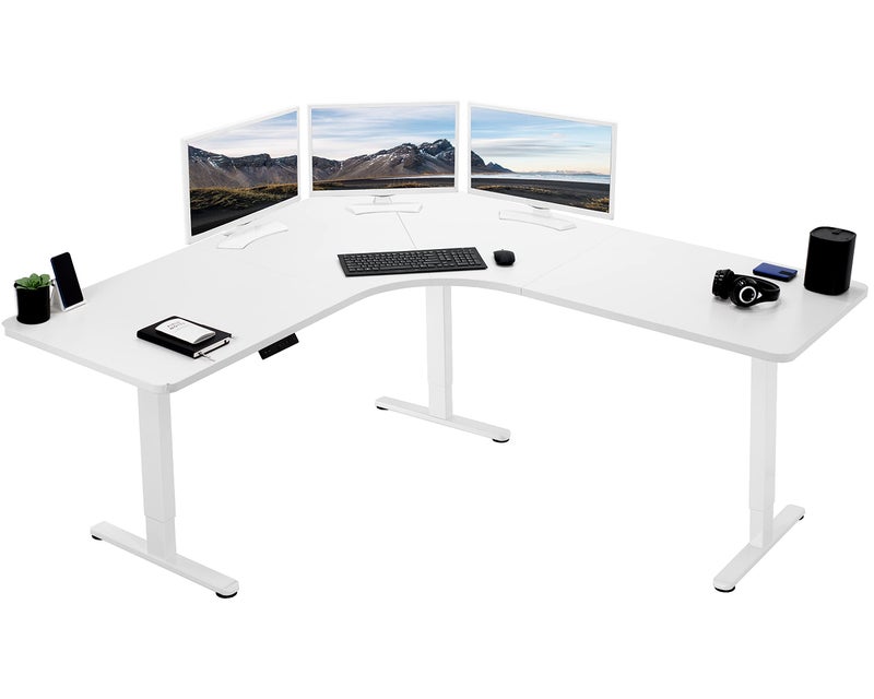 VIVO Electric Height Adjustable 71 x 71 inch Curved Corner Stand Up Desk White Table Top White Frame Memory Controller LShaped Workstation E3C Series DESKKITE3CWW