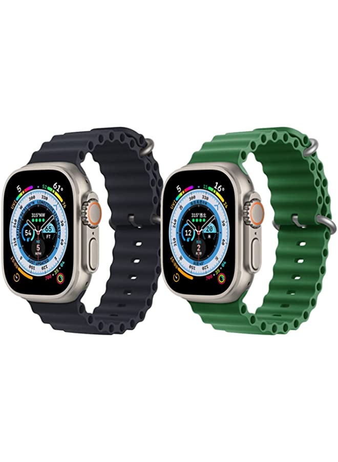 vesus Silicone Ocean Band Strap for Apple Watch Ultra 8 49mm Black Single Color Strap with Green Single Color Strap Set of 2