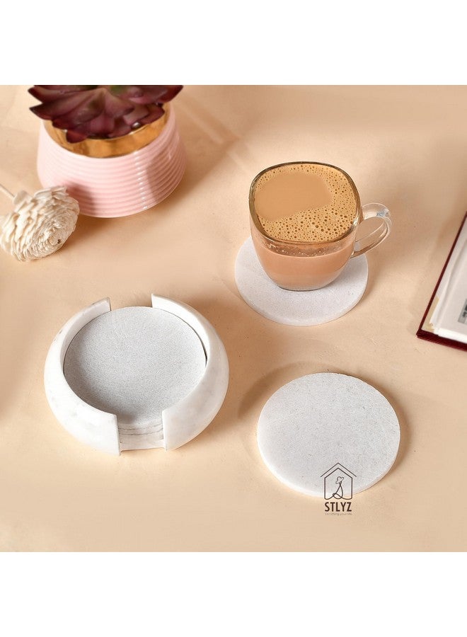 STLYZ White Marble Stone Coasters Set of 6 for Tea Coffee Cocktail Real Solid Marble Coasters with Stand Table Coasters with Holder Set of 6 (Coaster with Marble Stand) - Image 1