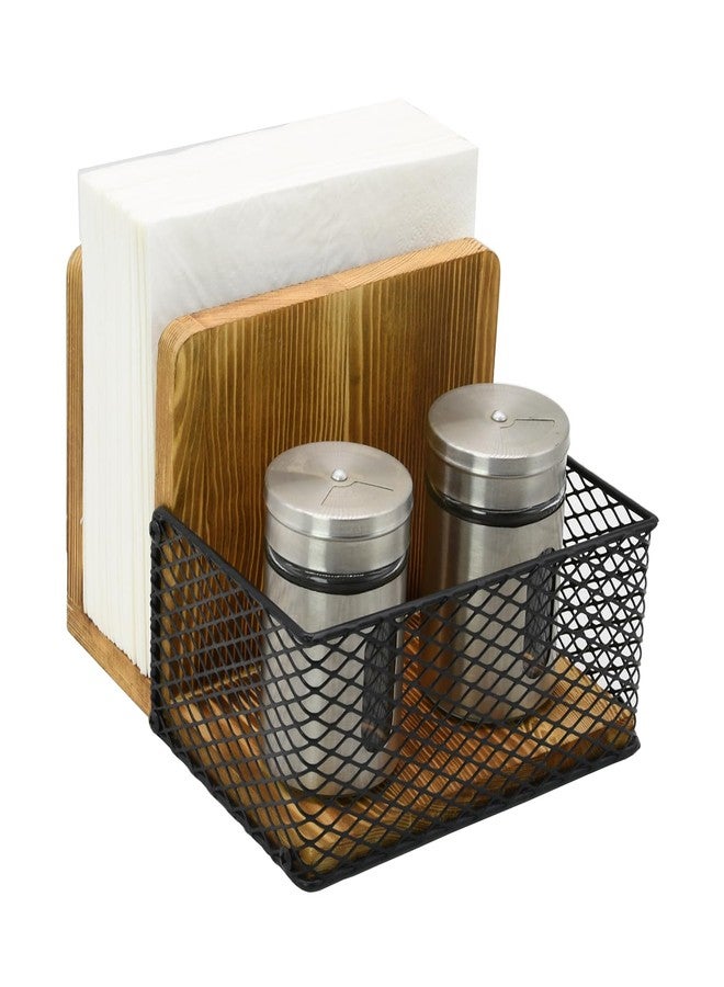 Owlgift Rustic Burnt Wood Napkin Holder with Black Metal Mesh Spice Rack – 2-in-1 Farmhouse Style Napkin and Condiment Organizer for Kitchen or Restaurant, 5.5” x 6.5” x 5” - Image 3