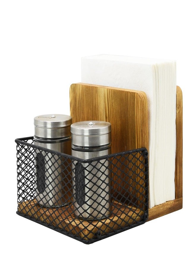 Owlgift Rustic Burnt Wood Napkin Holder with Black Metal Mesh Spice Rack – 2-in-1 Farmhouse Style Napkin and Condiment Organizer for Kitchen or Restaurant, 5.5” x 6.5” x 5” - Image 1