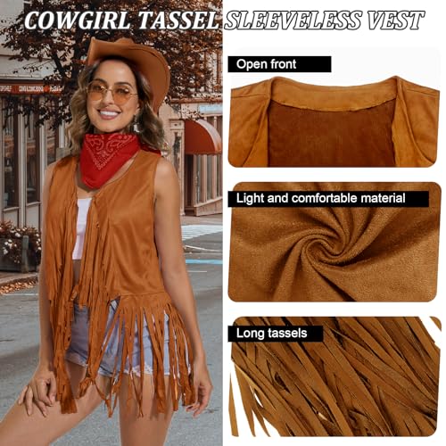HyperFun Cowgirl Outfits for Women Western Costume Accessories Cowboy Hat Tassels Fringe Vest Earring Hippie Glasses Bandana For Halloween - Image 3