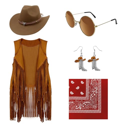 HyperFun Cowgirl Outfits for Women Western Costume Accessories Cowboy Hat Tassels Fringe Vest Earring Hippie Glasses Bandana For Halloween - Image 1