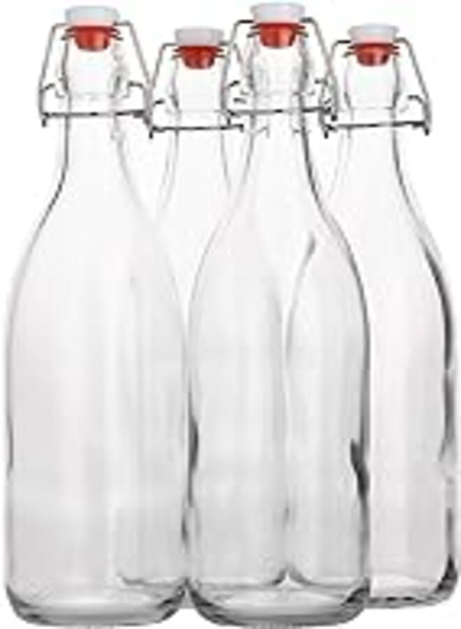Flip Top Glass Bottle [1 Liter / 33 fl. oz.] [Pack of 4] – Swing Top Brewing Bottle with Stopper for Beverages, Oil, Vinegar, Kombucha, Beer, Water, Soda, Kefir – Airtight Lid & Leak Proof Cap – Clear