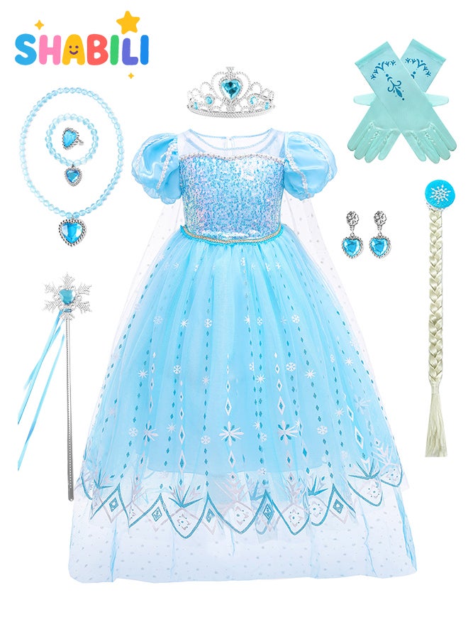 SHABILI Princess Dress Set for Girls – Kids Ice Queen Costume Outfit with Jewelry Crown, Wand, Gloves & Accessories – Birthday Gift for 3–7Y - Image 1