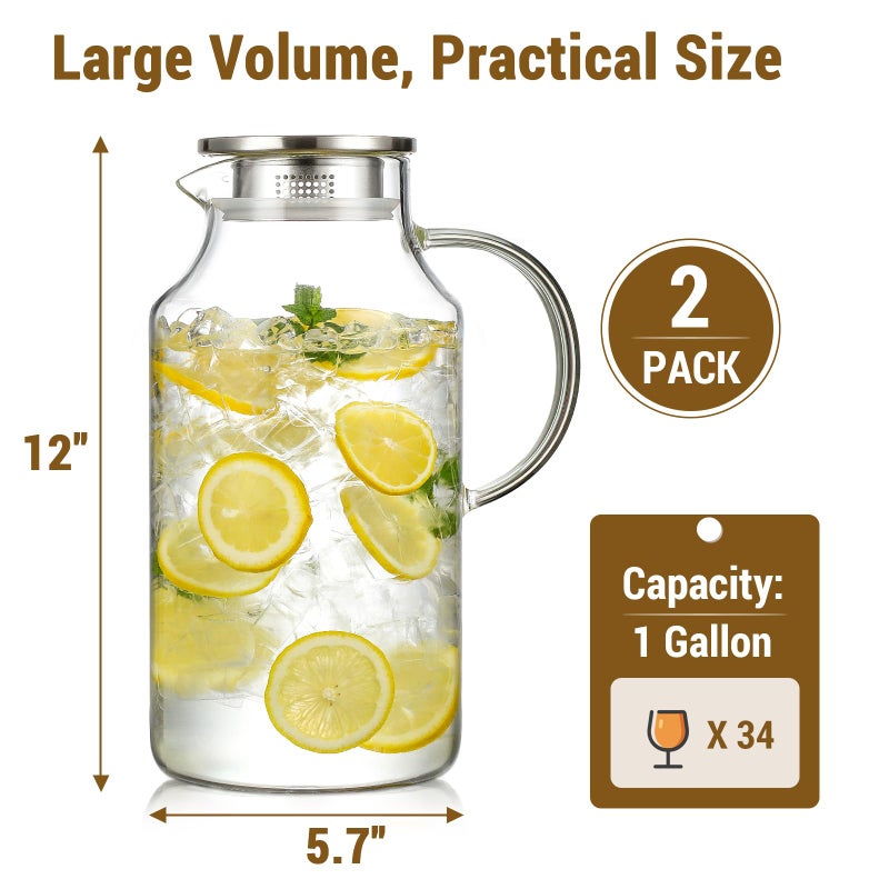 Snuvid 2 Pack 1 Gallon thickened Glass Pitcher with Lid and Spout, Borosilicate Glass Carafe for Hot/Cold Drink, Water Pitchers for Fridge, Extra Large Jug with Handle for Iced Tea, Coffee,Juice, Beverage - Image 3