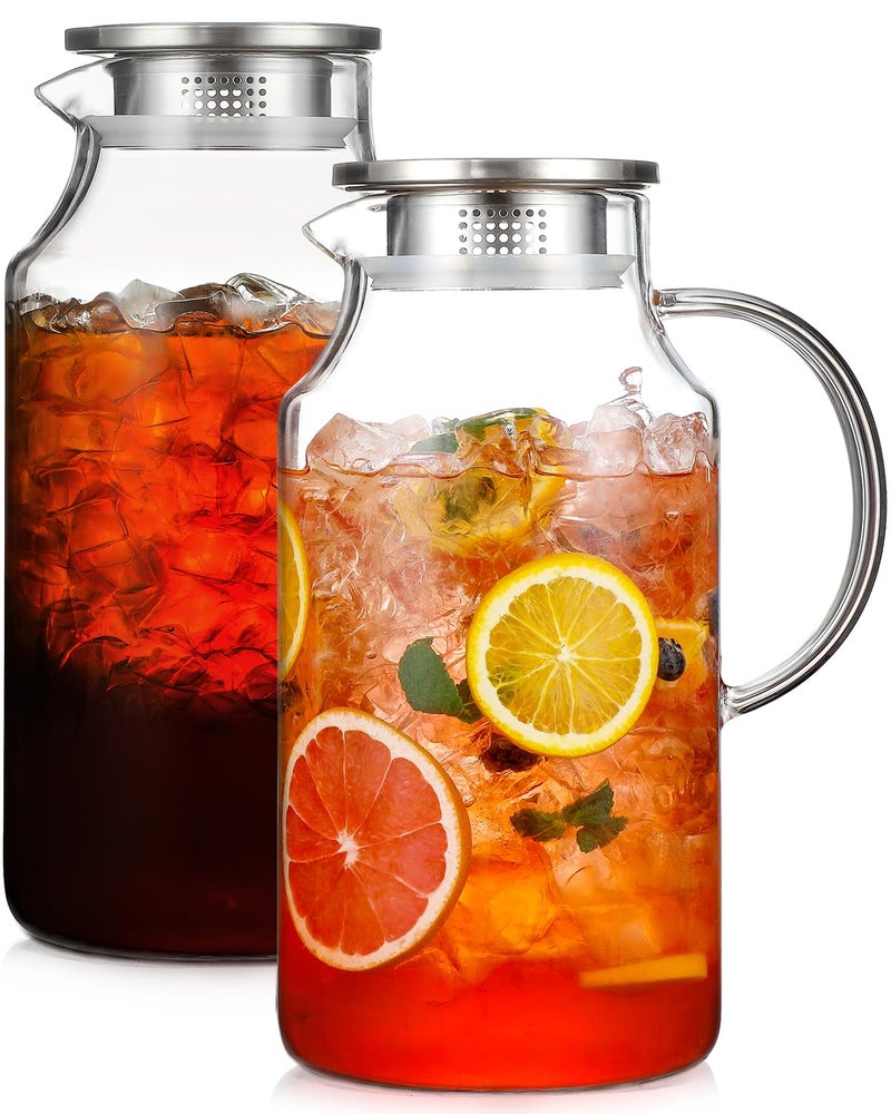 Snuvid 2 Pack 1 Gallon thickened Glass Pitcher with Lid and Spout, Borosilicate Glass Carafe for Hot/Cold Drink, Water Pitchers for Fridge, Extra Large Jug with Handle for Iced Tea, Coffee,Juice, Beverage - Image 1