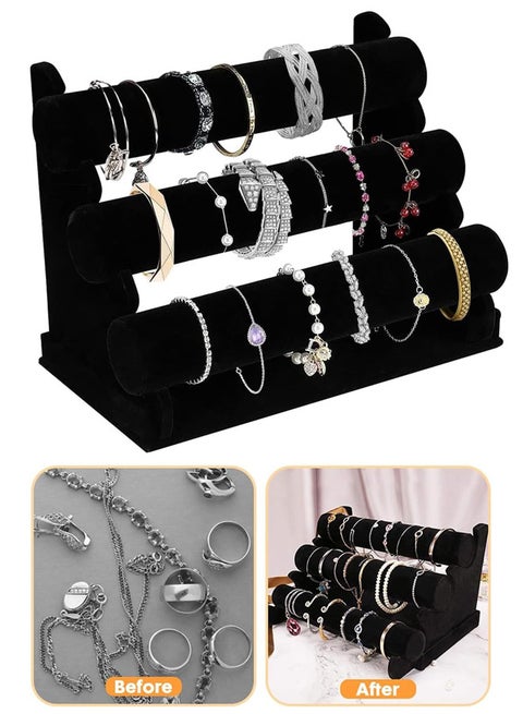 Bracelet Organizer 3-Tier Bracelets Holder Jewelry Display Stand for Watch, Bangle, Bracelet - Detachable Velvet Desk Showcase Storage Rack, Black
