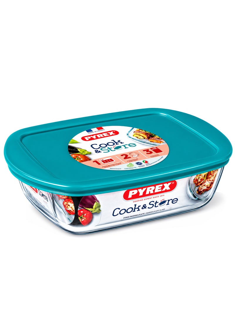 Pyrex Cook & Store 400ml Glass Food Container with Green Lid , Rectangular, Microwave, Freezer & Dishwasher Safe, Airtight Storage Box Clear & Green 400cm
