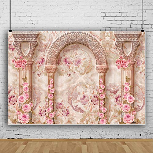 DORCEV 10x8ft Fairy Castle Wall Photography Backdrop Vintage Arch Pillar Flower Mural Wall Background Princess Birthday Wedding Honeymoon Travel Vocation Portrait Photo Studio Props - Image 3