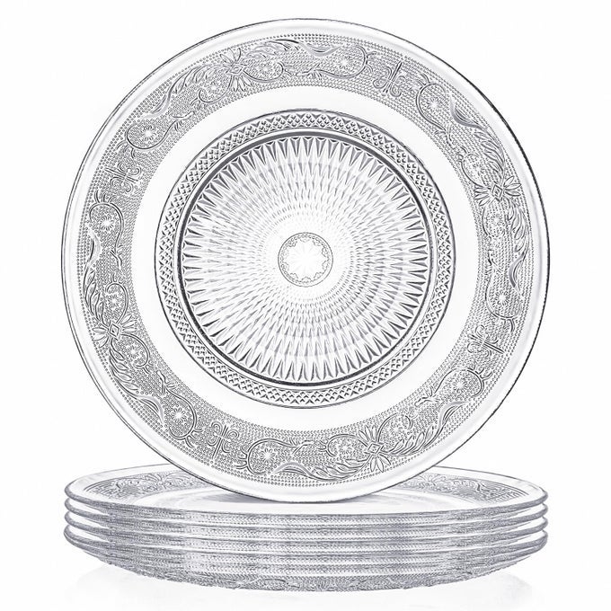 SET OF 6 GLASS DINNER PLATE 10 INCH LARGE SERVING PLATE ROUND CLEAR GLASS PLATE VINTAGE EMBOSSED DINNERWARE FOR PASTA SALAD HOME WEDDING DECOR