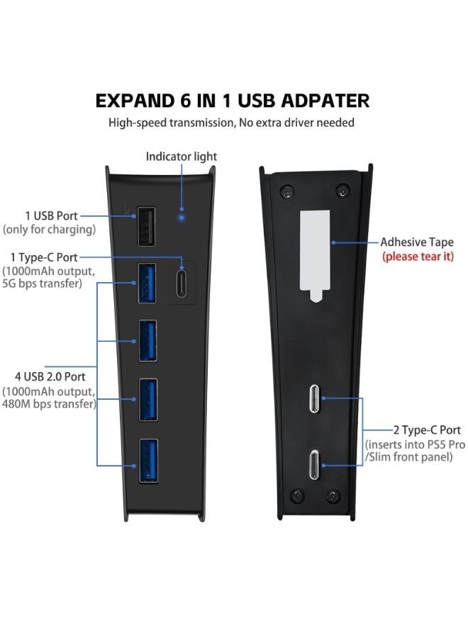 KJH 6 Ports USB Hub for PS5 Pro/Slim Console, High-Speed Expander Hub Charger Port with 4 USB-A 2.0 + 1 USB Charging Port + 1 Type C Port, Compatible with PlayStation 5 Pro/Slim Front Jacks - Image 2