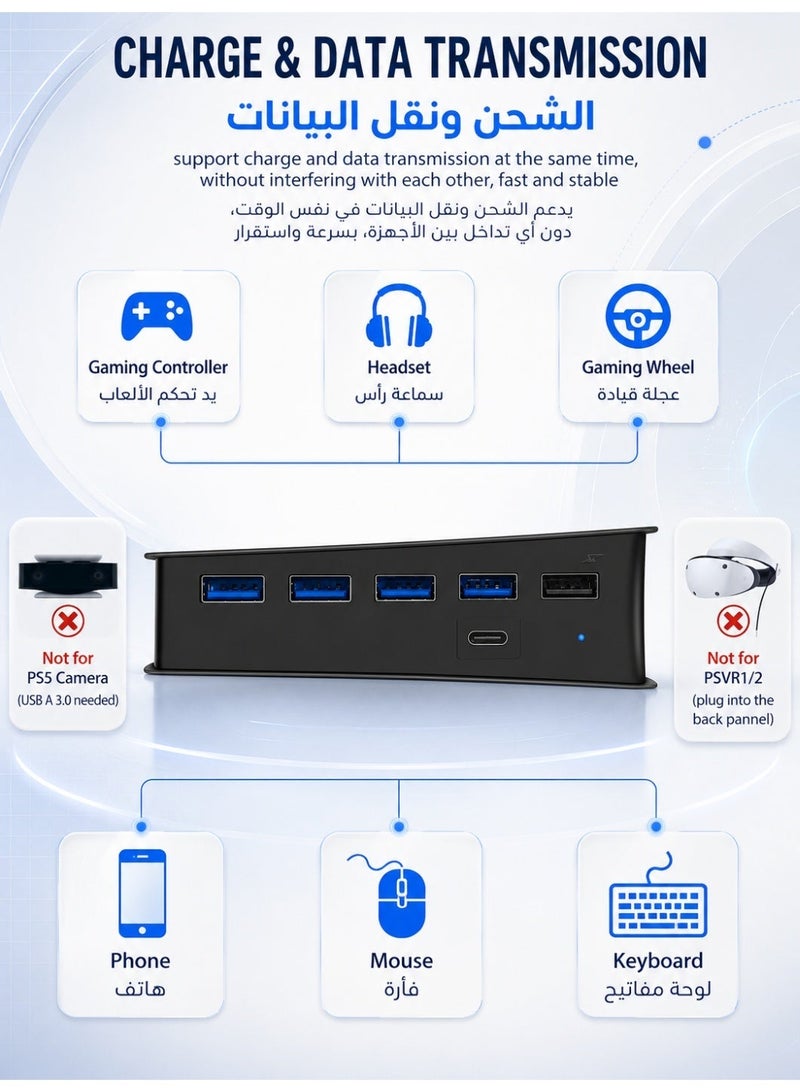 كيه جاي إتش موسع منافذ USB بـ 6 منافذ، مقسم عالي السرعة مع 4 منافذ USB-A 2.0 ومنفذ شحن USB ومنفذ Type-C، محول متعدد المنافذ متوافق مع بلاي ستيشن 5 برو وسليم (PS5 Pro/Slim) - Image 4