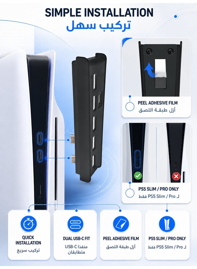 كيه جاي إتش موسع منافذ USB بـ 6 منافذ، مقسم عالي السرعة مع 4 منافذ USB-A 2.0 ومنفذ شحن USB ومنفذ Type-C، محول متعدد المنافذ متوافق مع بلاي ستيشن 5 برو وسليم (PS5 Pro/Slim) - Image 3