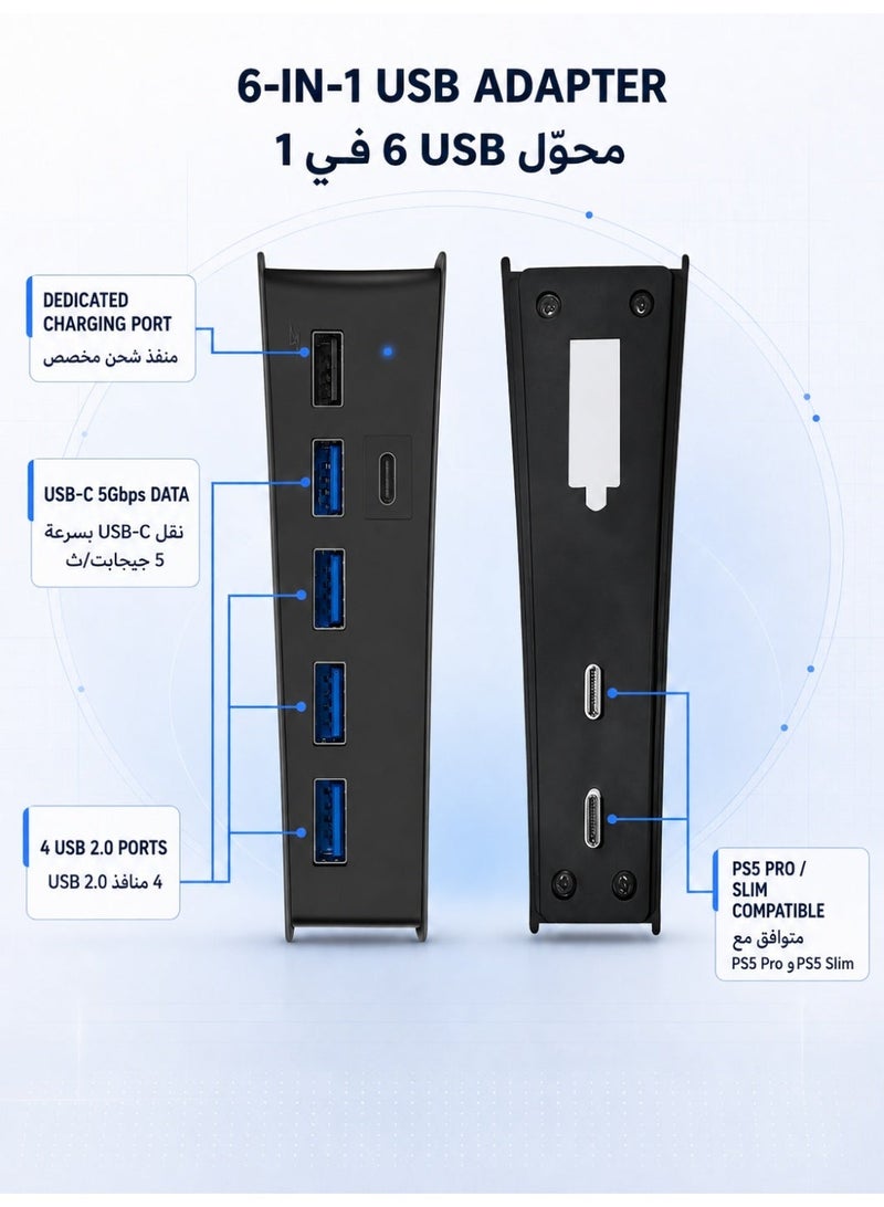 كيه جاي إتش موسع منافذ USB بـ 6 منافذ، مقسم عالي السرعة مع 4 منافذ USB-A 2.0 ومنفذ شحن USB ومنفذ Type-C، محول متعدد المنافذ متوافق مع بلاي ستيشن 5 برو وسليم (PS5 Pro/Slim) - Image 2