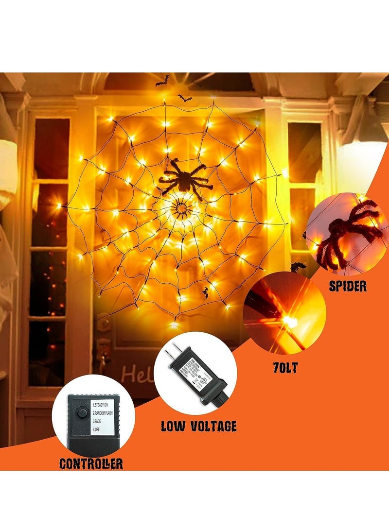 Excefore أضواء الزينة، ٧٠ لمبة LED مضادة للماء، شبكة العنكبوت المضيئة باللون البرتقالي، أضواء شبكية برتقالية للمنزل والحديقة داخليًا وخارجيًا مخيفة - Image 5