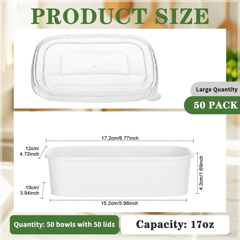 Maxdot 50 Pack Disposable Kraft Paper Bowls with PP Lids Rectangle Paper Food Containers for Lunch Meal Prep,Salad,Ice Cream,Yogurt,Soup Bowls Party Supplies (White,17 oz) - Image 2