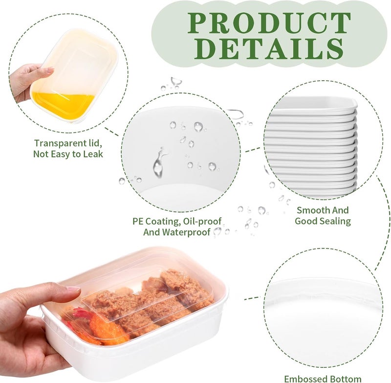 Maxdot 50 Pack Disposable Kraft Paper Bowls with PP Lids Rectangle Paper Food Containers for Lunch Meal Prep,Salad,Ice Cream,Yogurt,Soup Bowls Party Supplies (White,17 oz) - Image 3