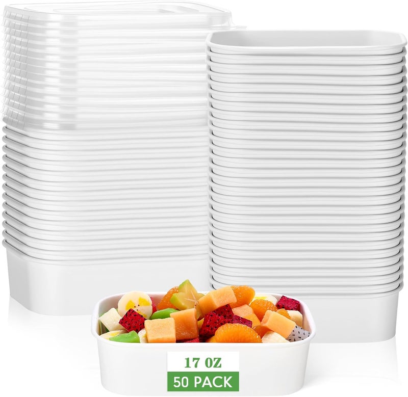 Maxdot 50 Pack Disposable Kraft Paper Bowls with PP Lids Rectangle Paper Food Containers for Lunch Meal Prep,Salad,Ice Cream,Yogurt,Soup Bowls Party Supplies (White,17 oz) - Image 1