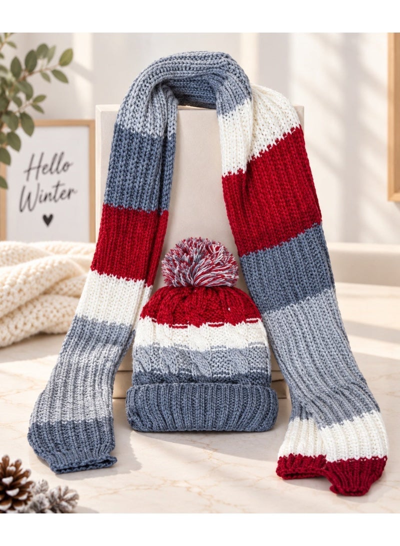 Winter Ice Cap Hat with Fur Lining and Knitted Wool Scarf Set, Soft & Warm, 160 cm Length - Image 2