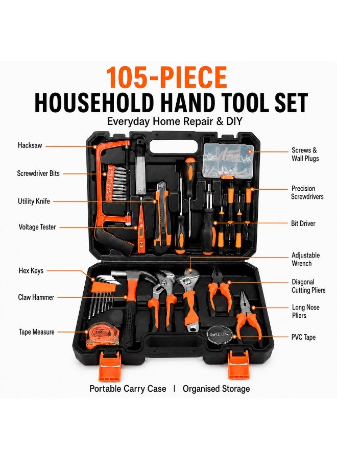HIGARDIN General Household Hand Tool Kit Hand Tool Sets 105 pcs with Solid Carrying Tool Box Carbon Steel Hardware for Daily Home Repair - Image 3