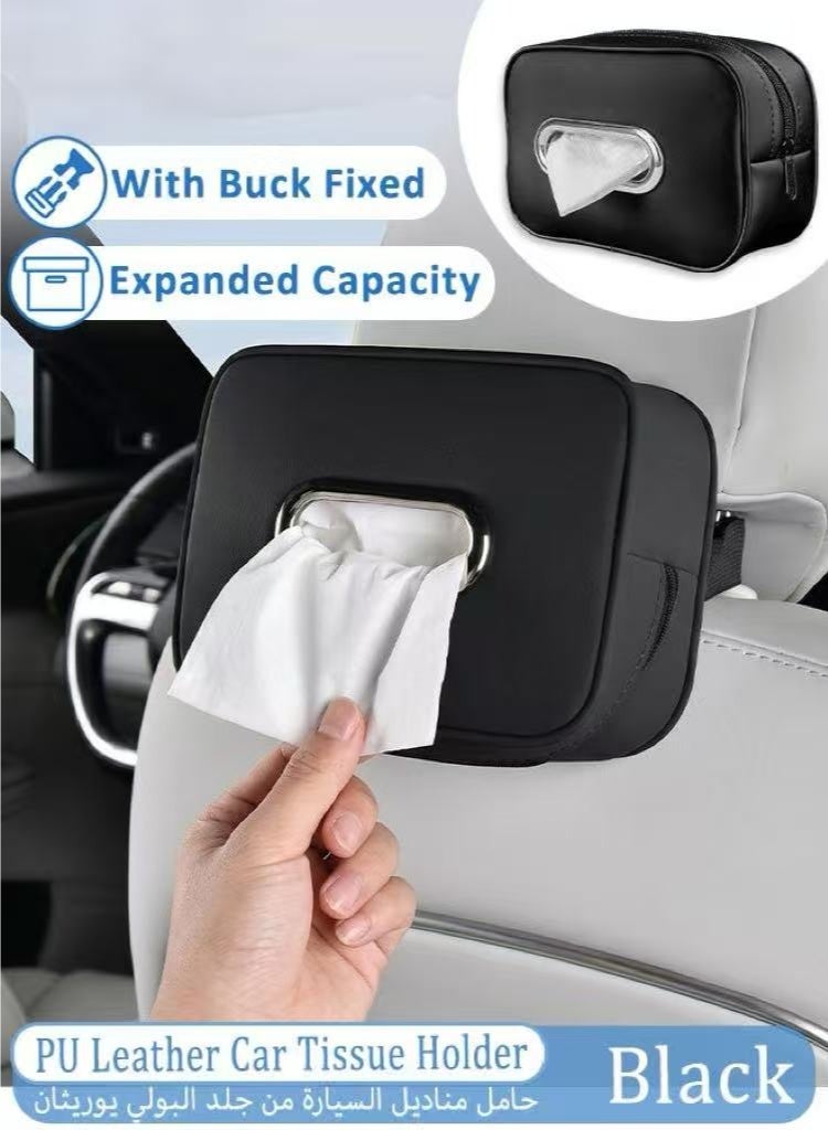 KENWIU Car Tissue Holder, Upgraded Large Premium PU Leather Rectangular Tissue Boxes & Napkins, Wider Opening for Easy Access, Dual Zipper for Car Headrest,Console,Seat Back (Black) - Image 1