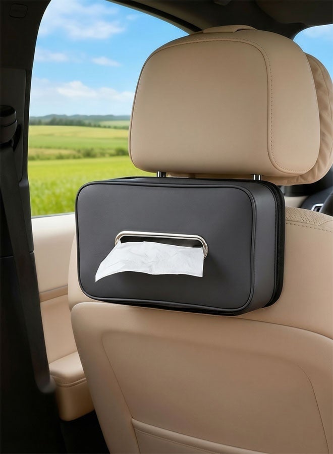 KENWIU Car Tissue Holder, Upgraded Large Premium PU Leather Rectangular Tissue Boxes & Napkins, Wider Opening for Easy Access, Dual Zipper for Car Headrest,Console,Seat Back (Black) - Image 5