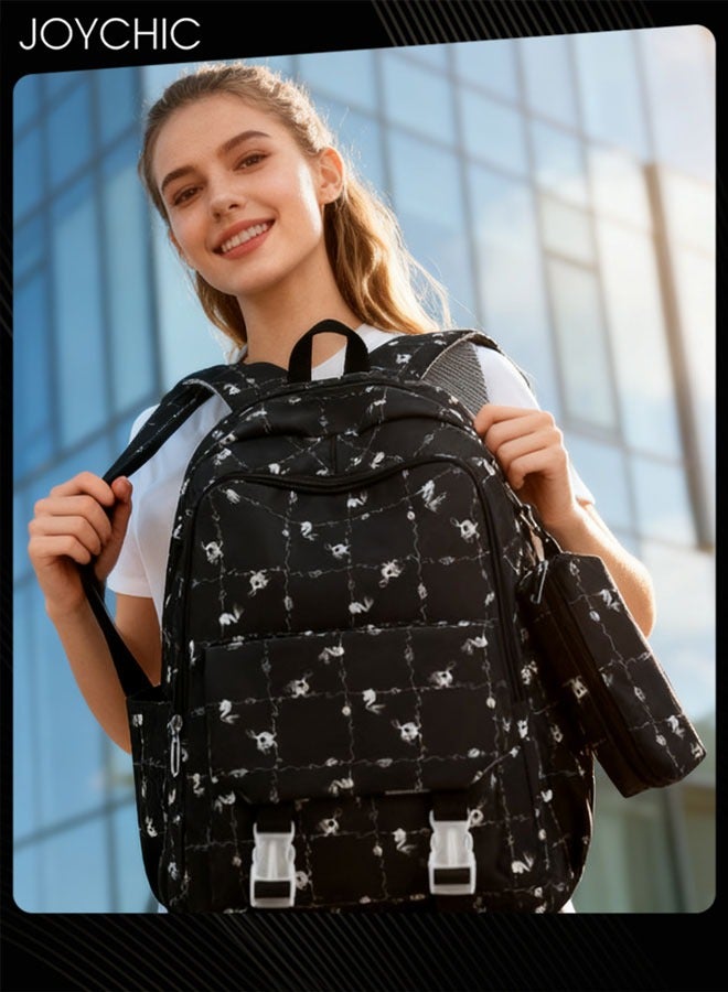 جوي شيك حقيبة ظهر مدرسية مطبوعة برسوم جرافيكية مع حقيبة قلم رصاص وحقيبة نهارية خفيفة الوزن ذات سعة كبيرة - Image 2