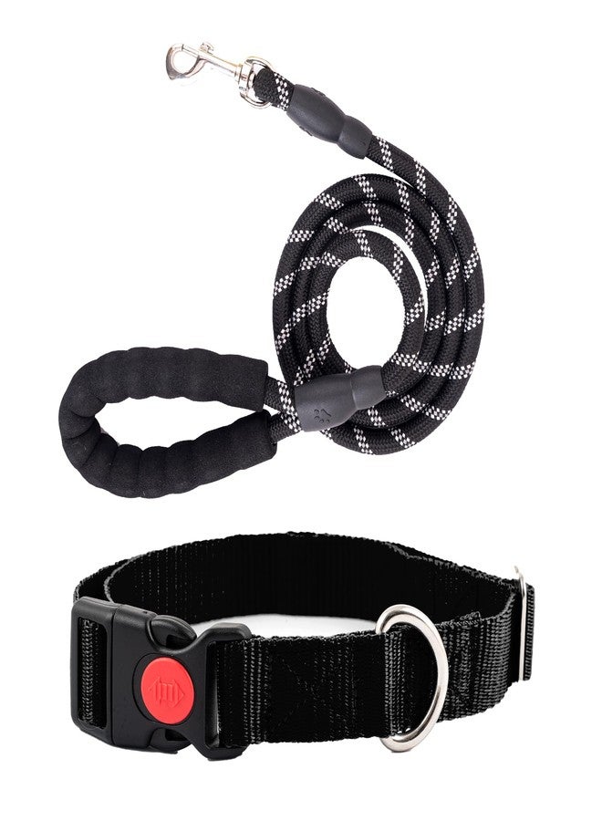 ADIL'S Adil’S Nylon Dog Collar & Leash Set Combo Suitable for All Dog Breeds, Reflective Soft Padded Handles for Running, Walking & Training, Leash Size 5ft, Collar Size: M (Black Color) - Image 1