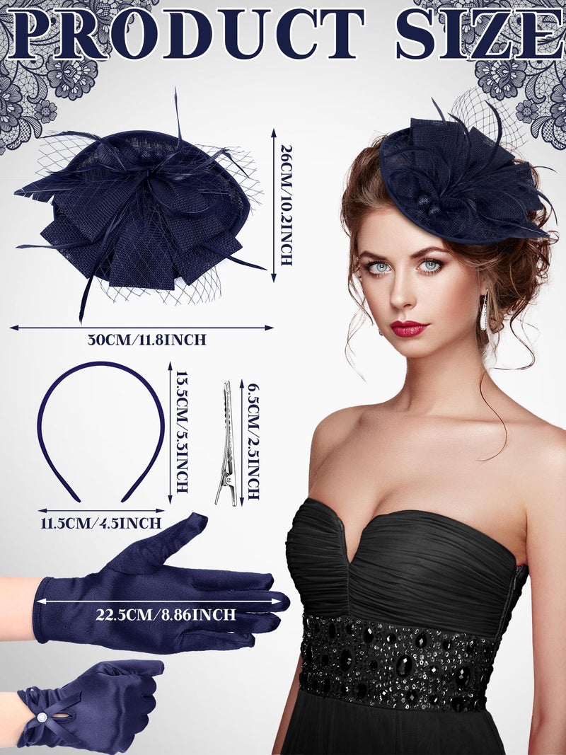 Geyoga 50s Fascinator Hat for Women Funeral Veil Hat Pillbox Cocktail Tea Party Headpiece and Lace Glove(Navy,Stylish Style) - Image 3