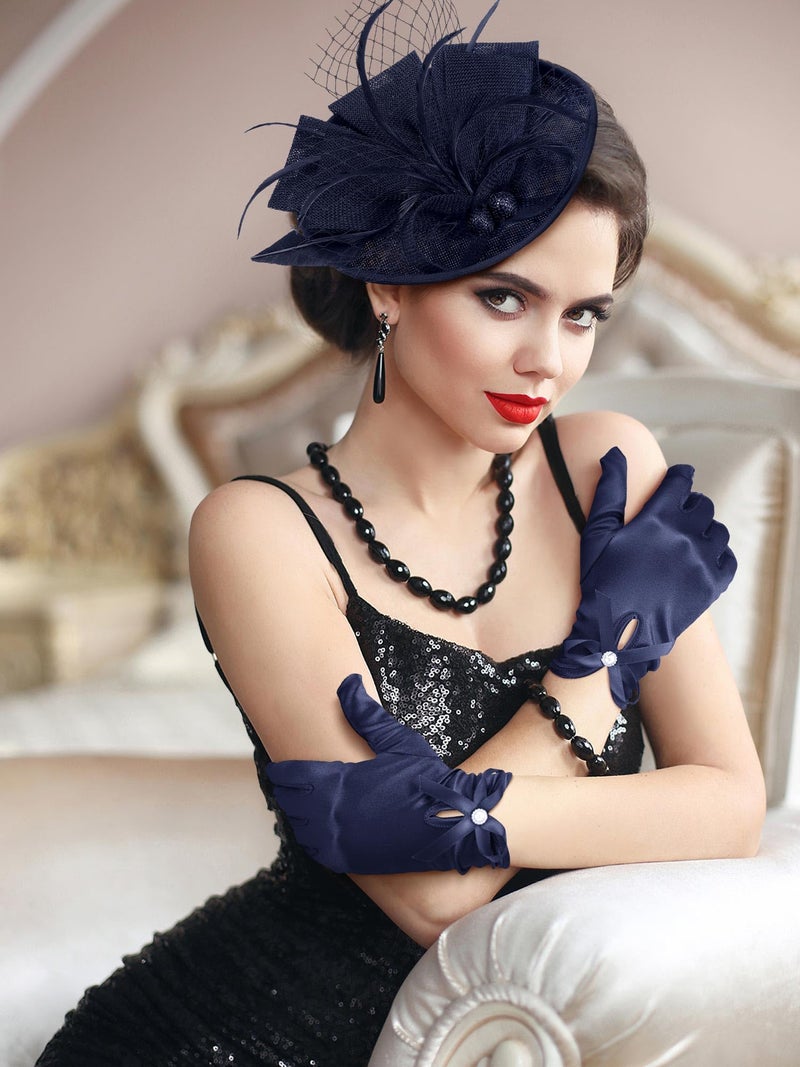 Geyoga 50s Fascinator Hat for Women Funeral Veil Hat Pillbox Cocktail Tea Party Headpiece and Lace Glove(Navy,Stylish Style) - Image 2