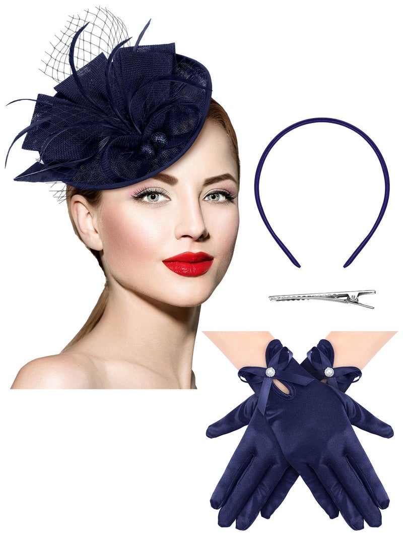 Geyoga 50s Fascinator Hat for Women Funeral Veil Hat Pillbox Cocktail Tea Party Headpiece and Lace Glove(Navy,Stylish Style) - Image 1