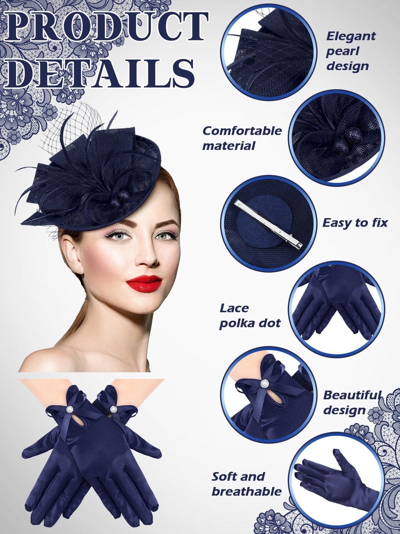 Geyoga 50s Fascinator Hat for Women Funeral Veil Hat Pillbox Cocktail Tea Party Headpiece and Lace Glove(Navy,Stylish Style) - Image 5