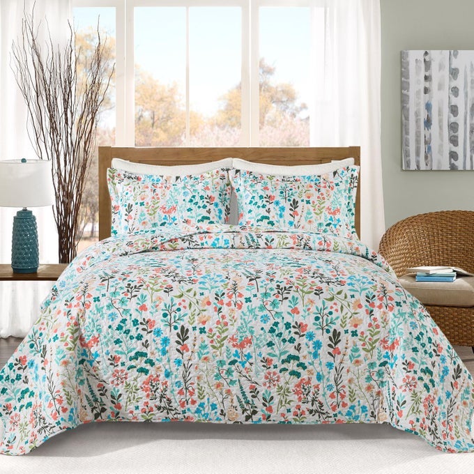 QUEEN QUILT BEDDING SET3 PIECES BOTANICAL QUILT QUEEN SIZE 90 X 98 INCH REVERSIBLE QUEEN COVERLET WITH GARDEN STYLE FLORAL PATTERN BEDSPREAD QUEEN SIZE SUITALBLE FOR ALL SEASON