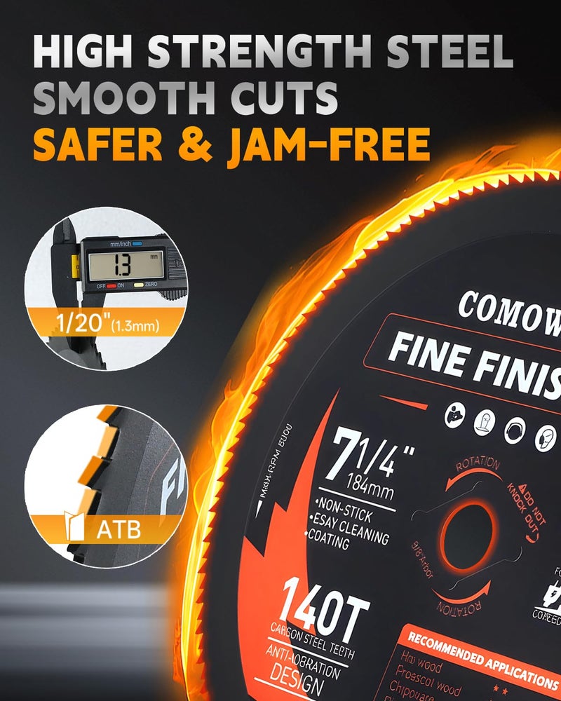 COMOWARE 7-1/4“ Circular Saw Blade, 140T Table Saw Blade, 5/8" Arbor, ATB Circular Saw Blade, Anti-Vibration, Teflon Anti-Stick, Miter Saws Blades for Wood, Laminate, Plywood & Hardwoods - Image 5